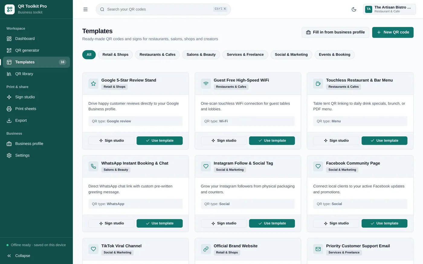 Templates screen in QR Code Business Toolkit