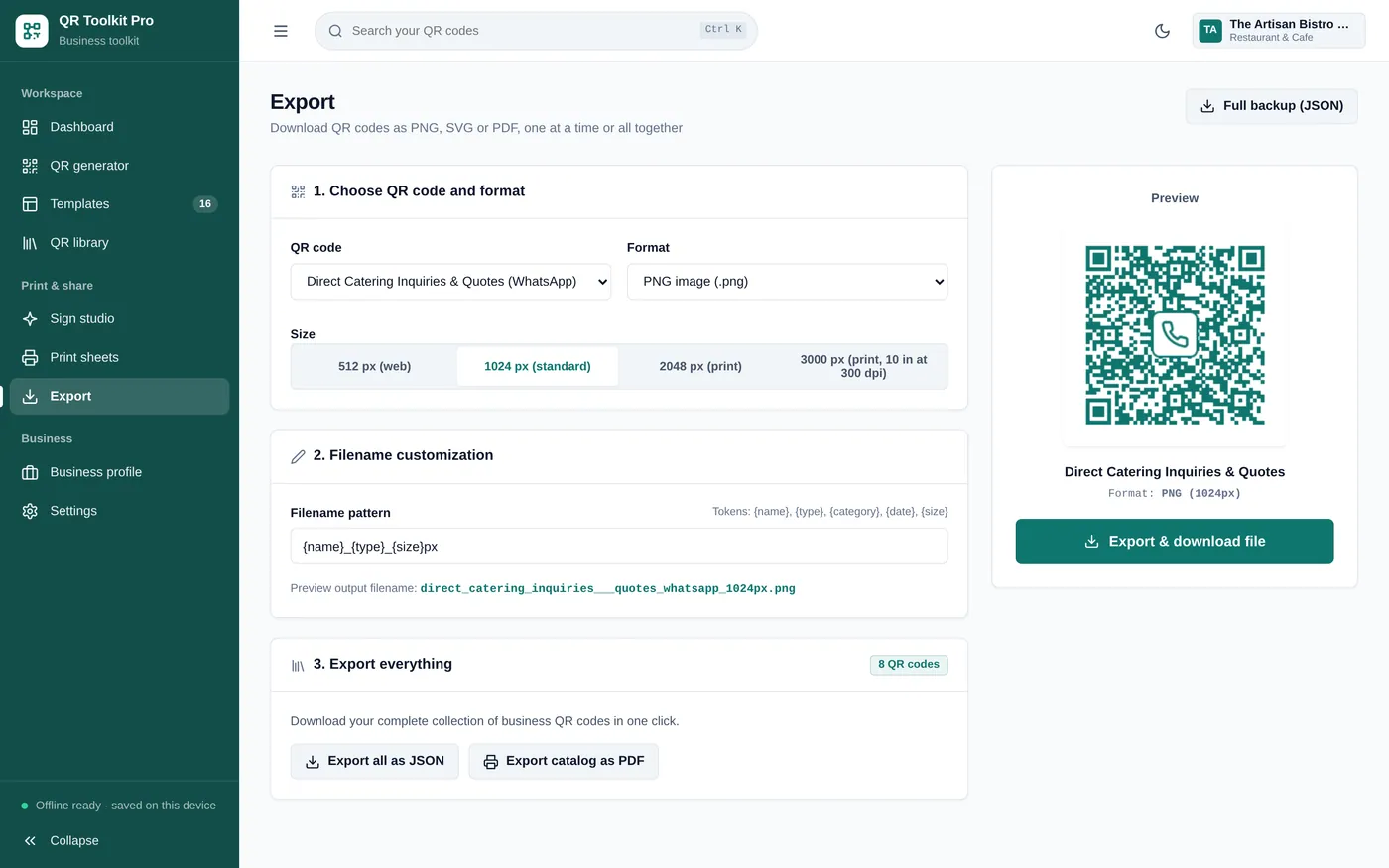 Export screen in QR Code Business Toolkit