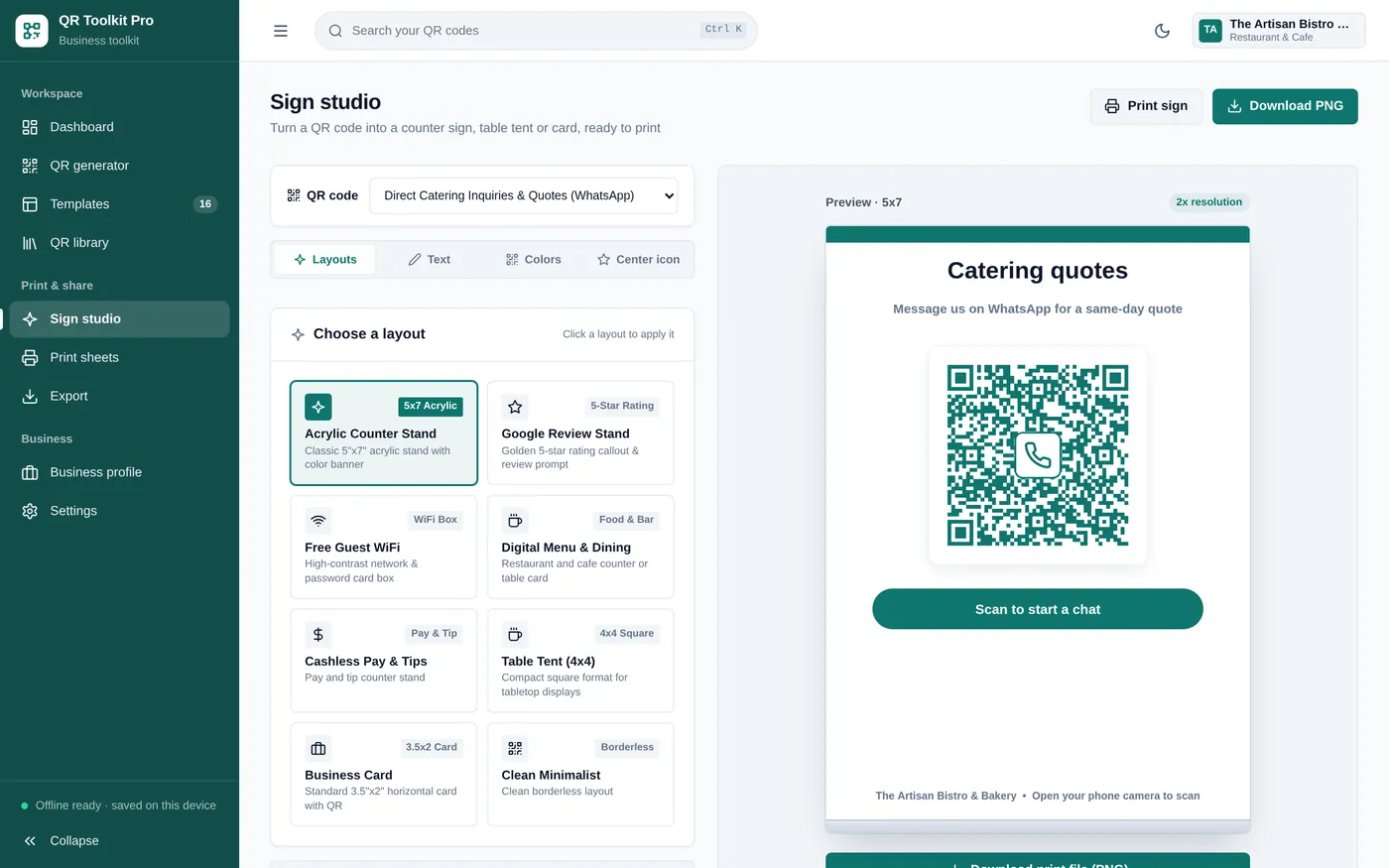 Sign studio screen in QR Code Business Toolkit