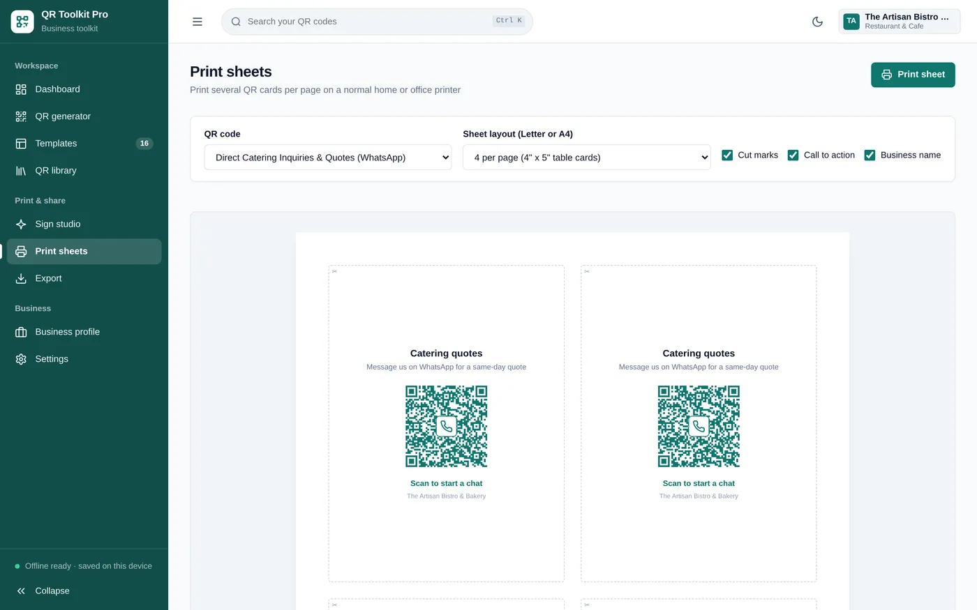 Print sheets screen in QR Code Business Toolkit
