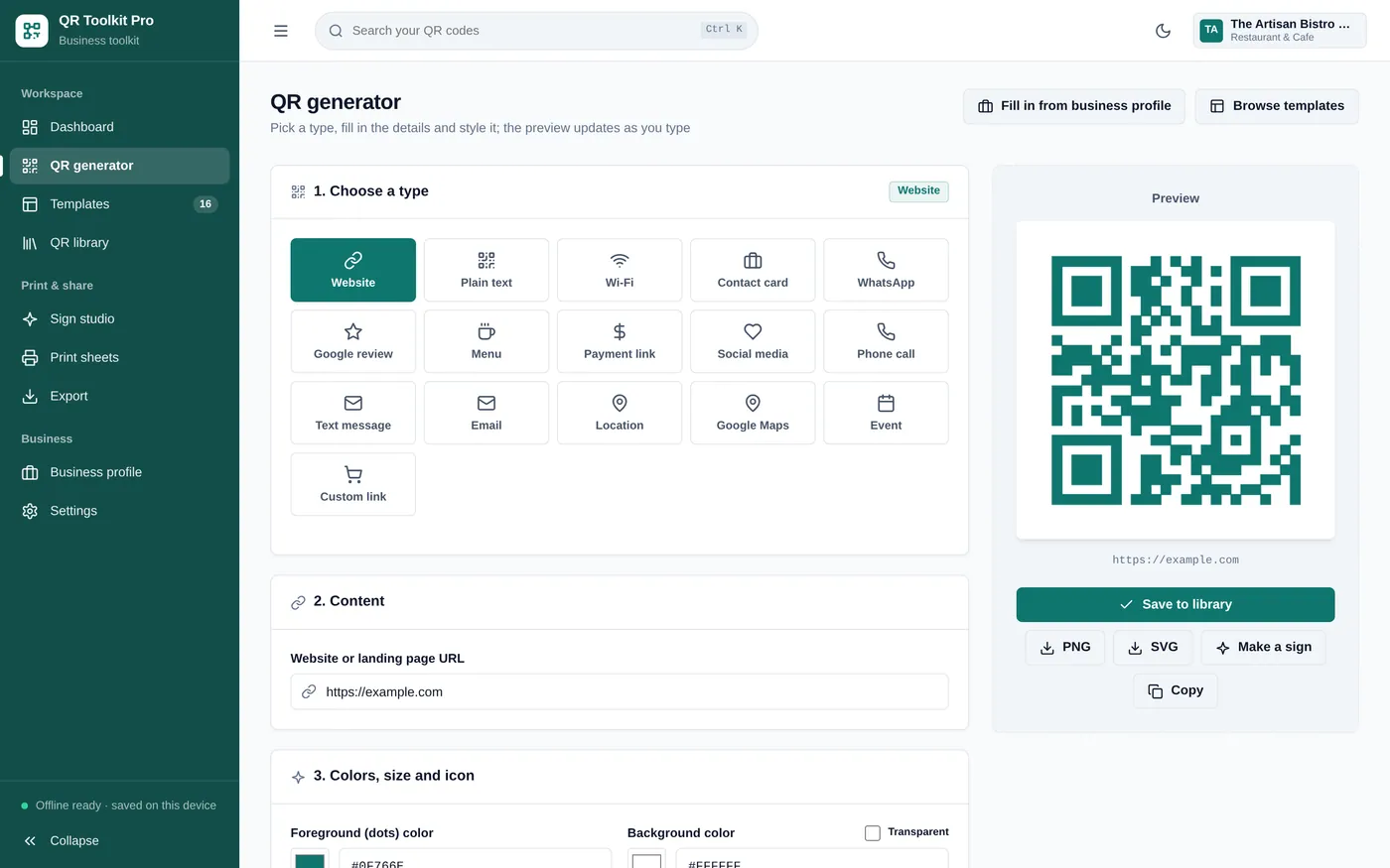 QR generator screen in QR Code Business Toolkit