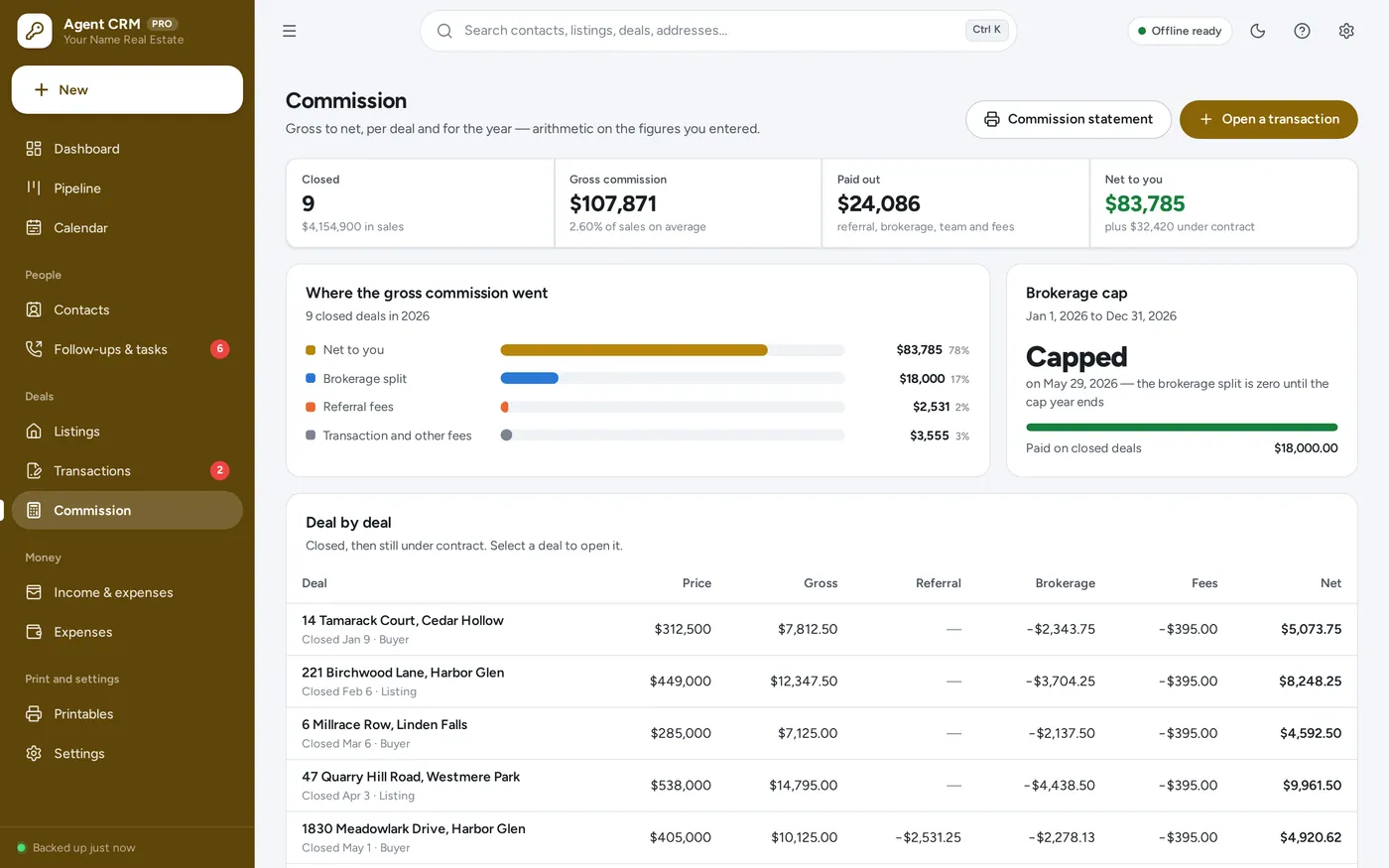 Commission tracker screen in Real Estate Agent CRM