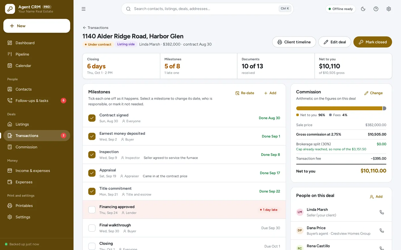 Transaction tracker screen in Real Estate Agent CRM