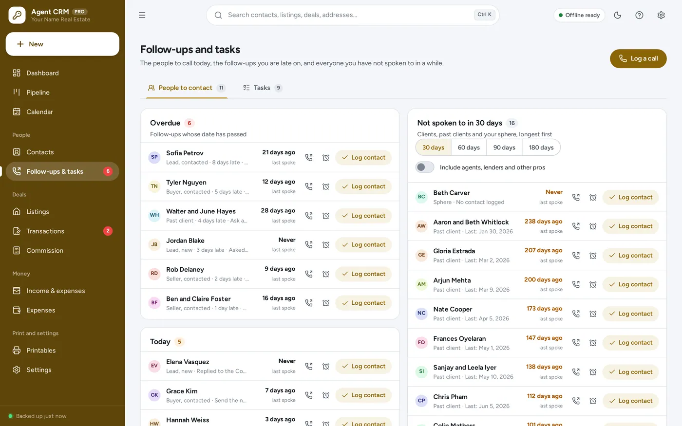 Follow-up reminders screen in Real Estate Agent CRM