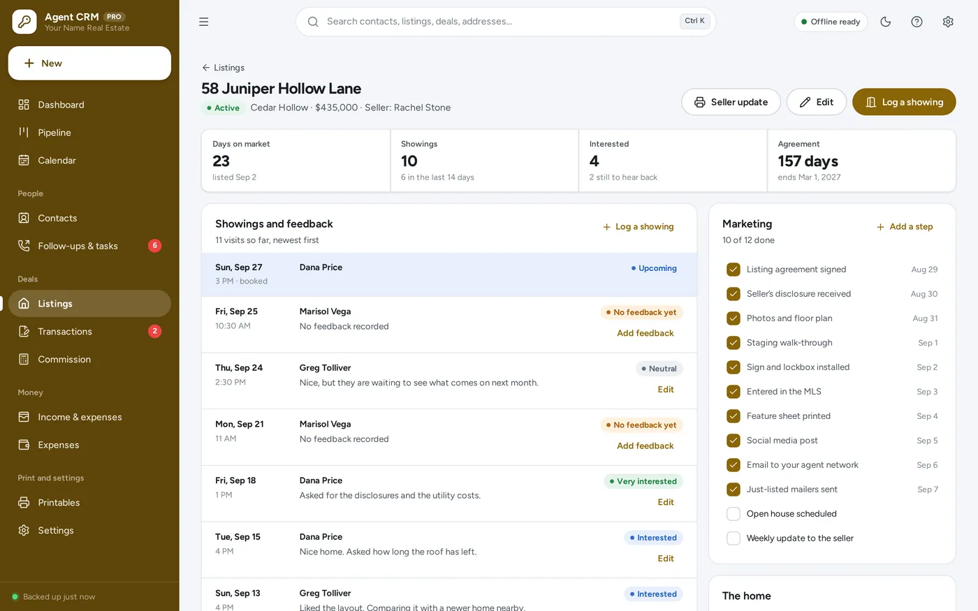 Listings and showings screen in Real Estate Agent CRM