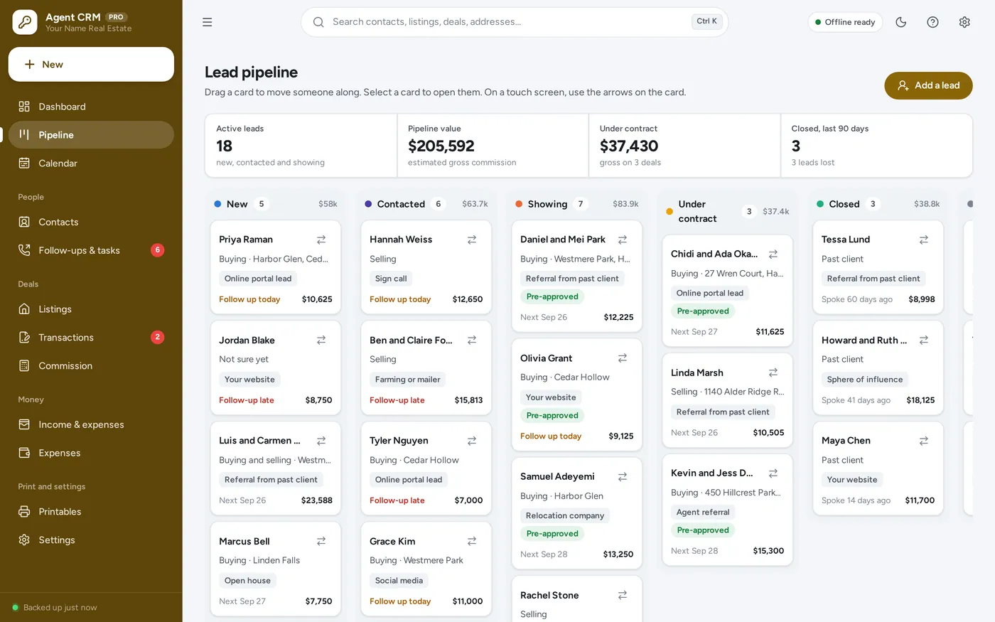 Lead pipeline screen in Real Estate Agent CRM
