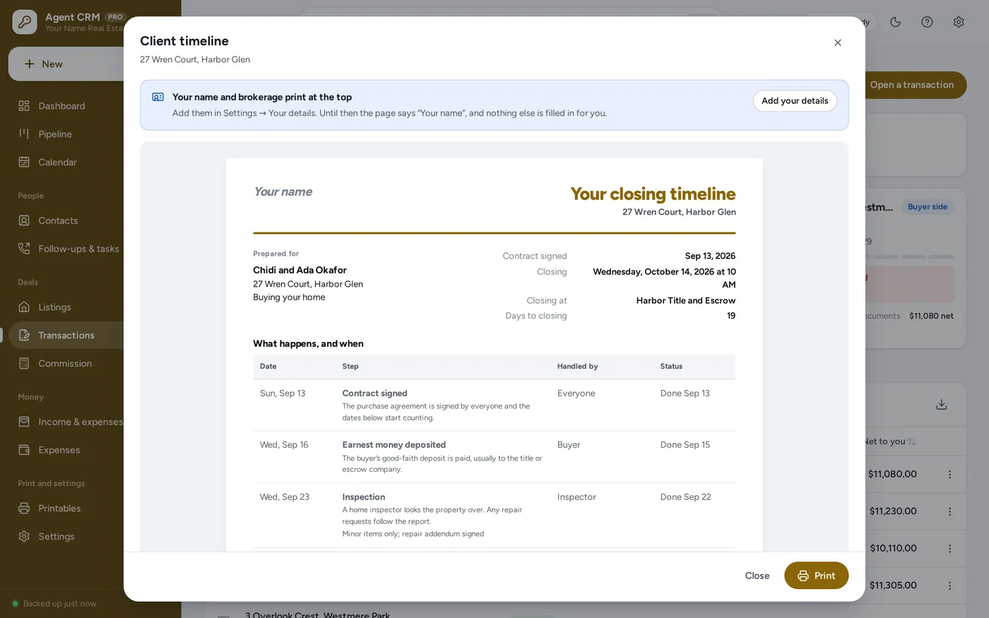Printables screen in Real Estate Agent CRM