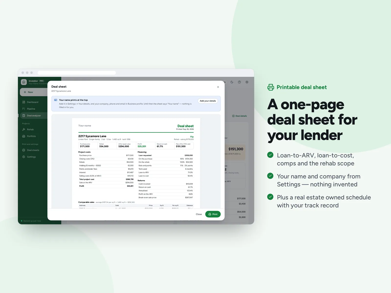 A one-page deal sheet for your lender