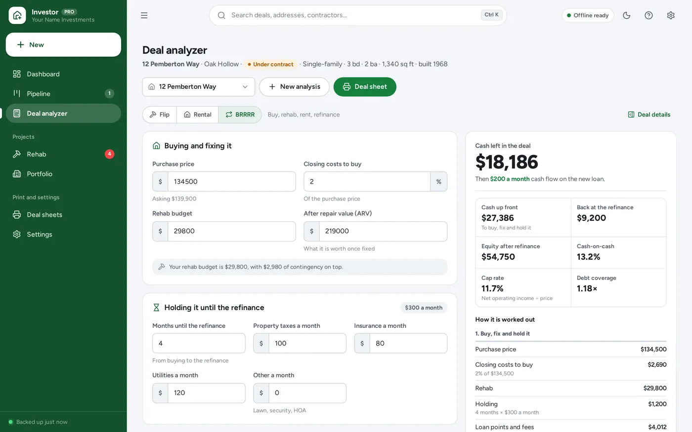 BRRRR calculator screen in Real Estate Investor Planner