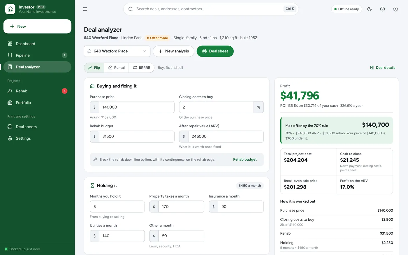 House flipping deal analyzer screen in Real Estate Investor Planner