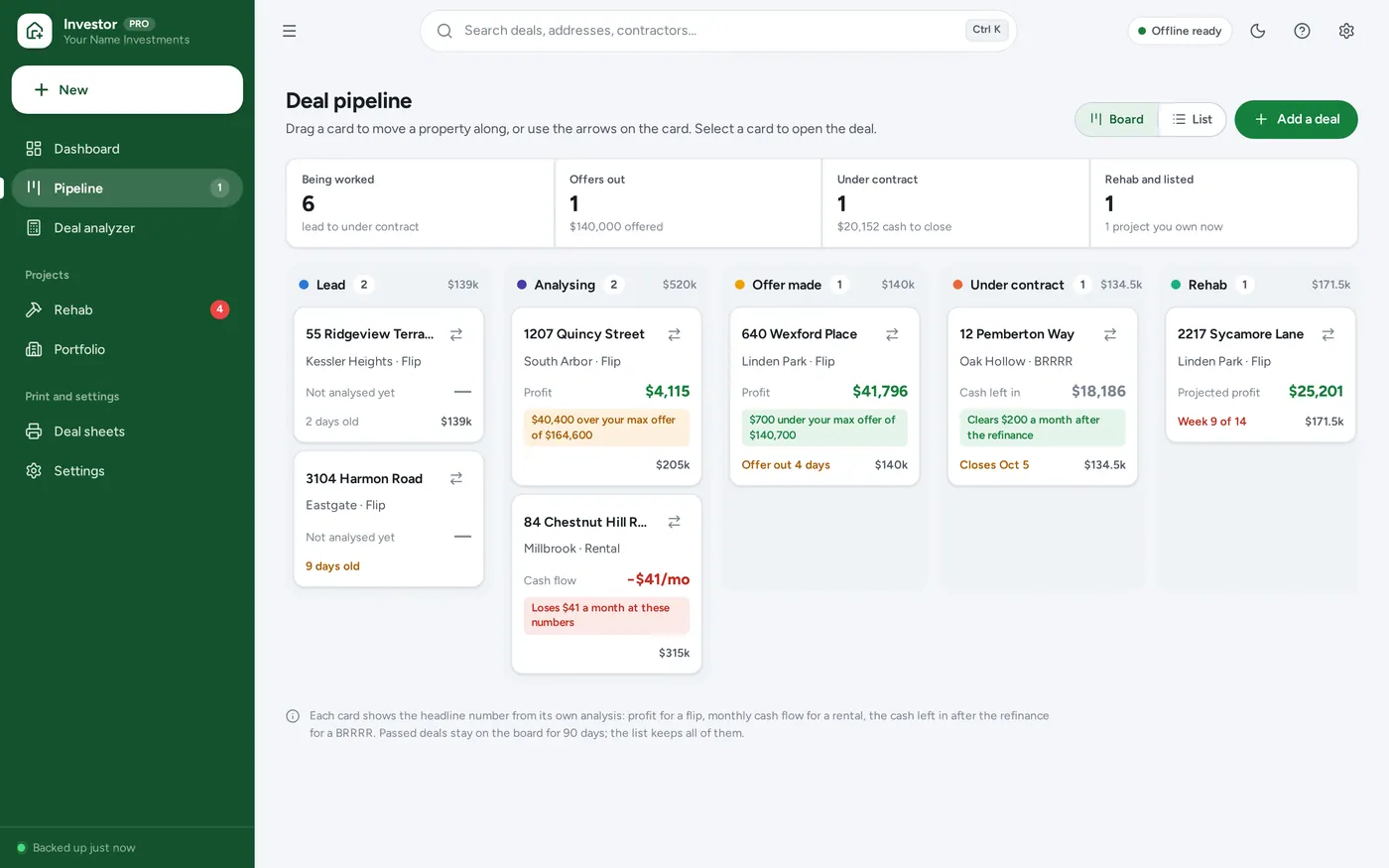 Deal pipeline tracker screen in Real Estate Investor Planner