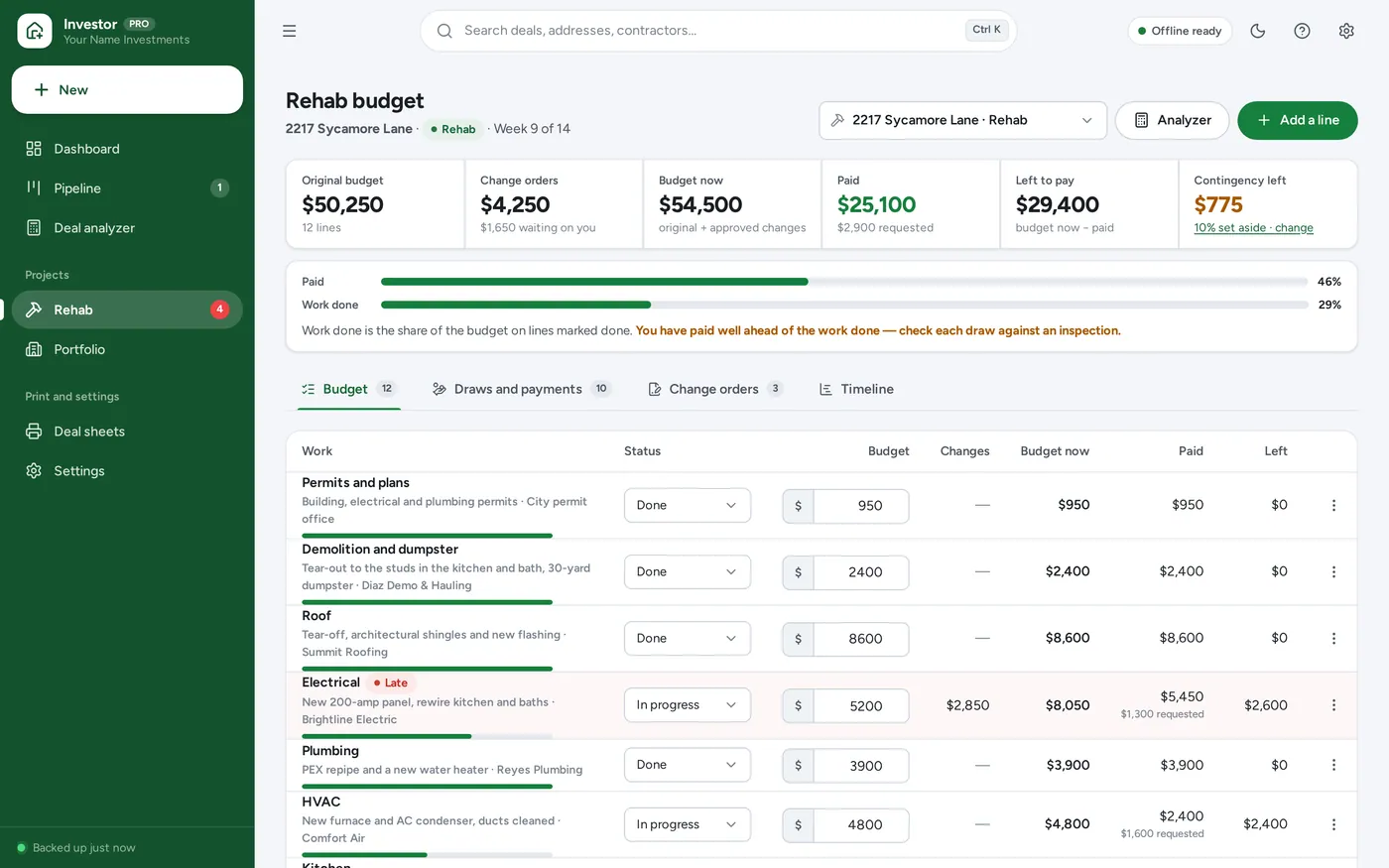 Rehab budget tracker screen in Real Estate Investor Planner