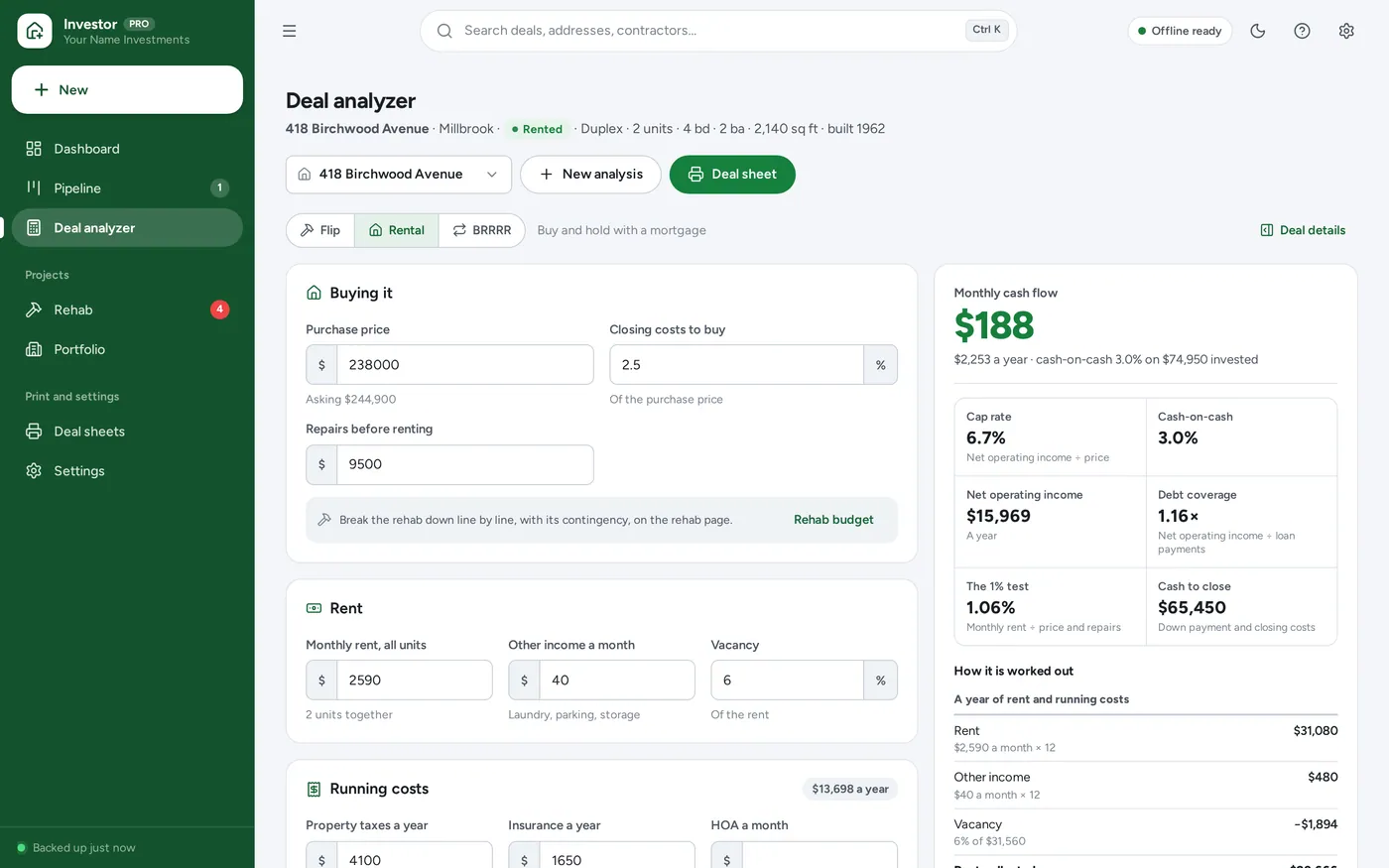 Rental property calculator screen in Real Estate Investor Planner