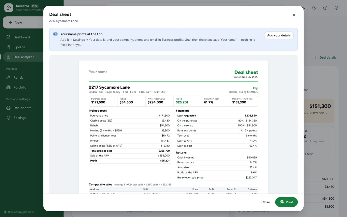 Printable deal sheet screen in Real Estate Investor Planner