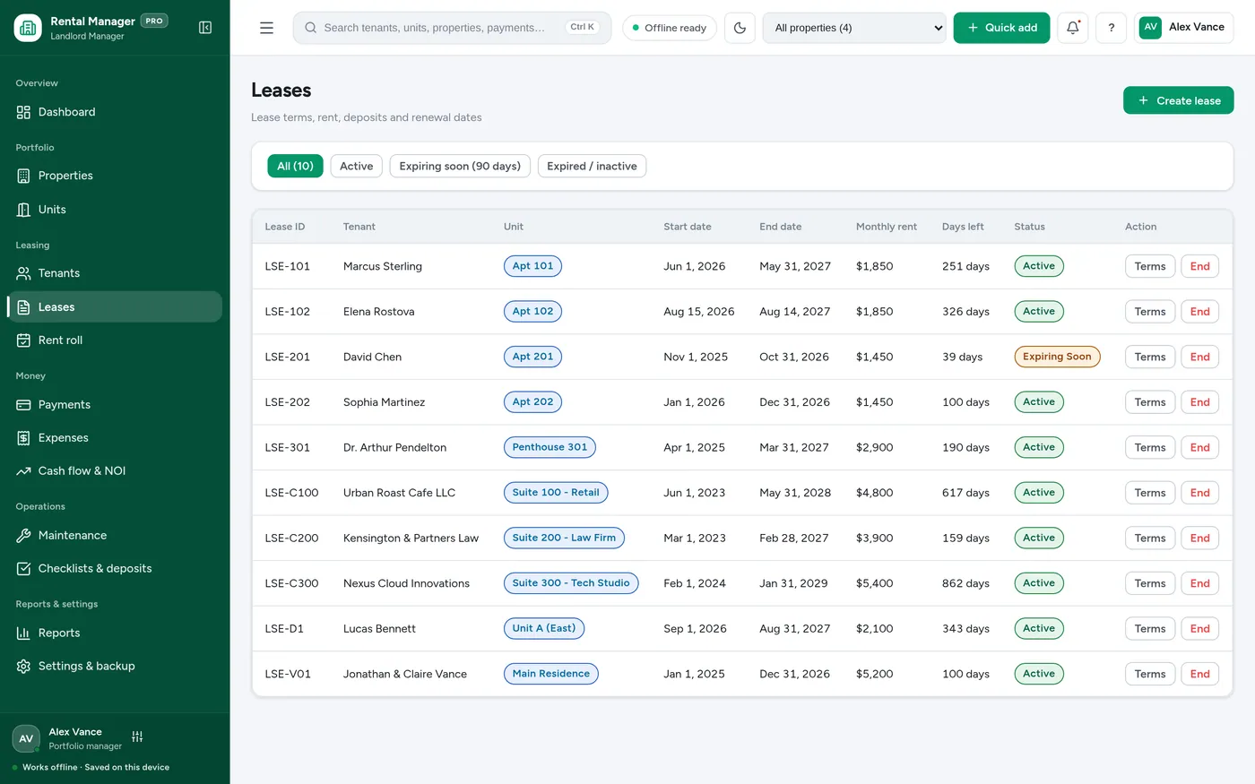 Leases screen in Rental Property & Landlord Manager