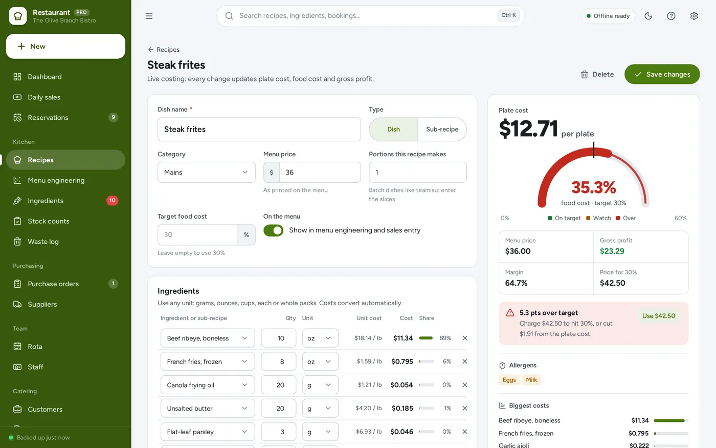 Recipe costing studio screen in Restaurant & Cafe Manager