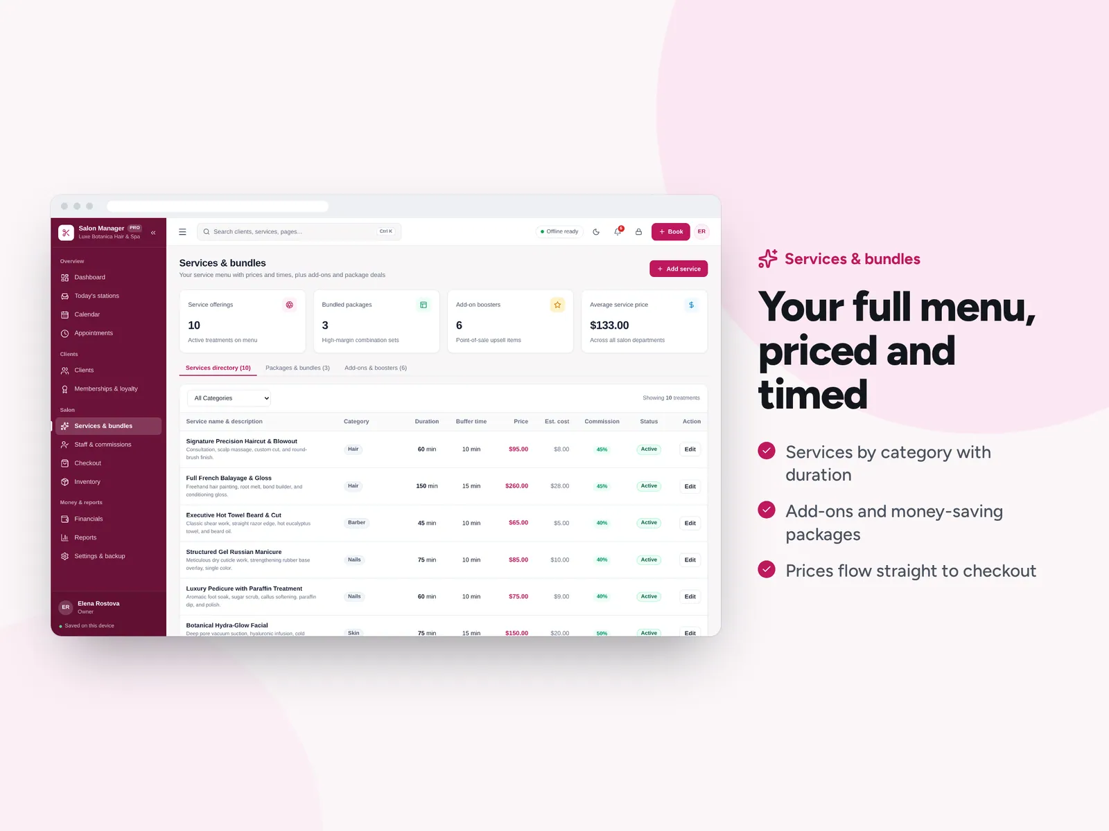 Your full menu, priced and timed