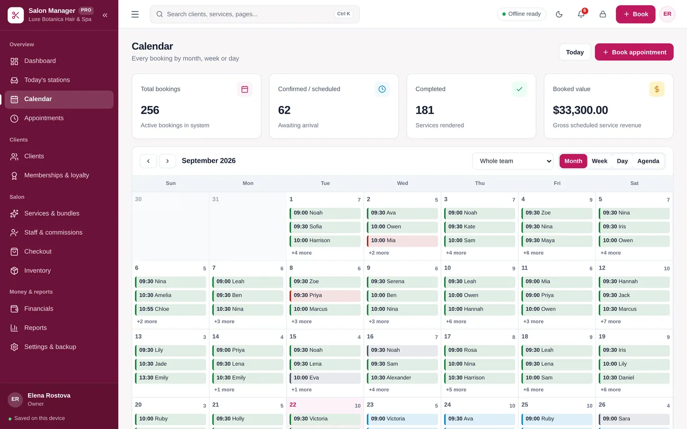 Calendar screen in Salon & Beauty Manager