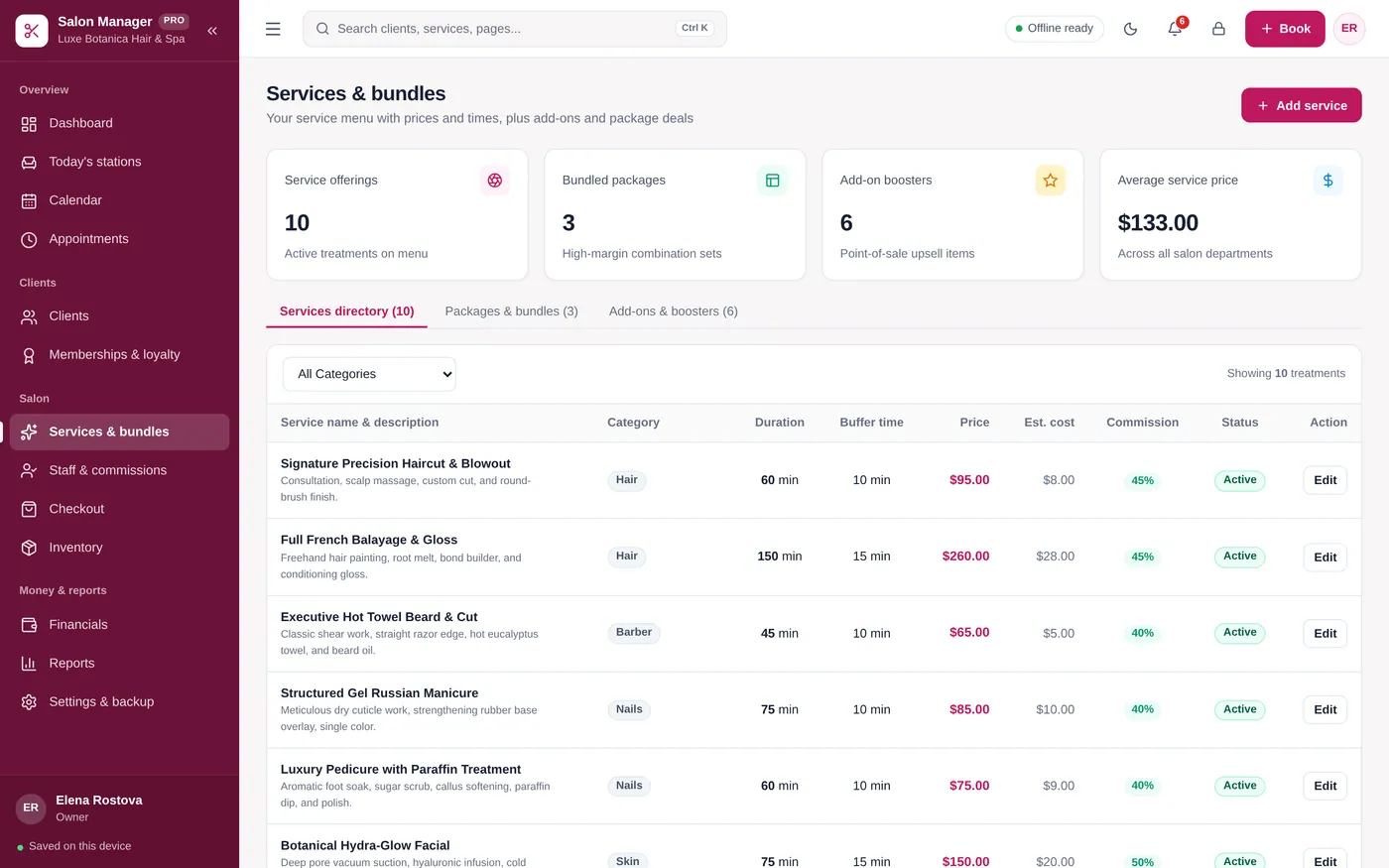 Services & bundles screen in Salon & Beauty Manager