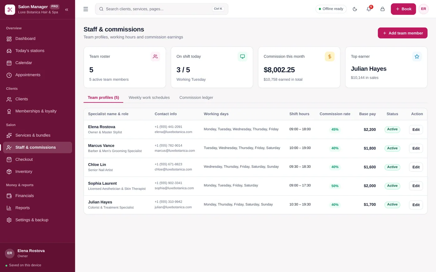 Staff & commissions screen in Salon & Beauty Manager
