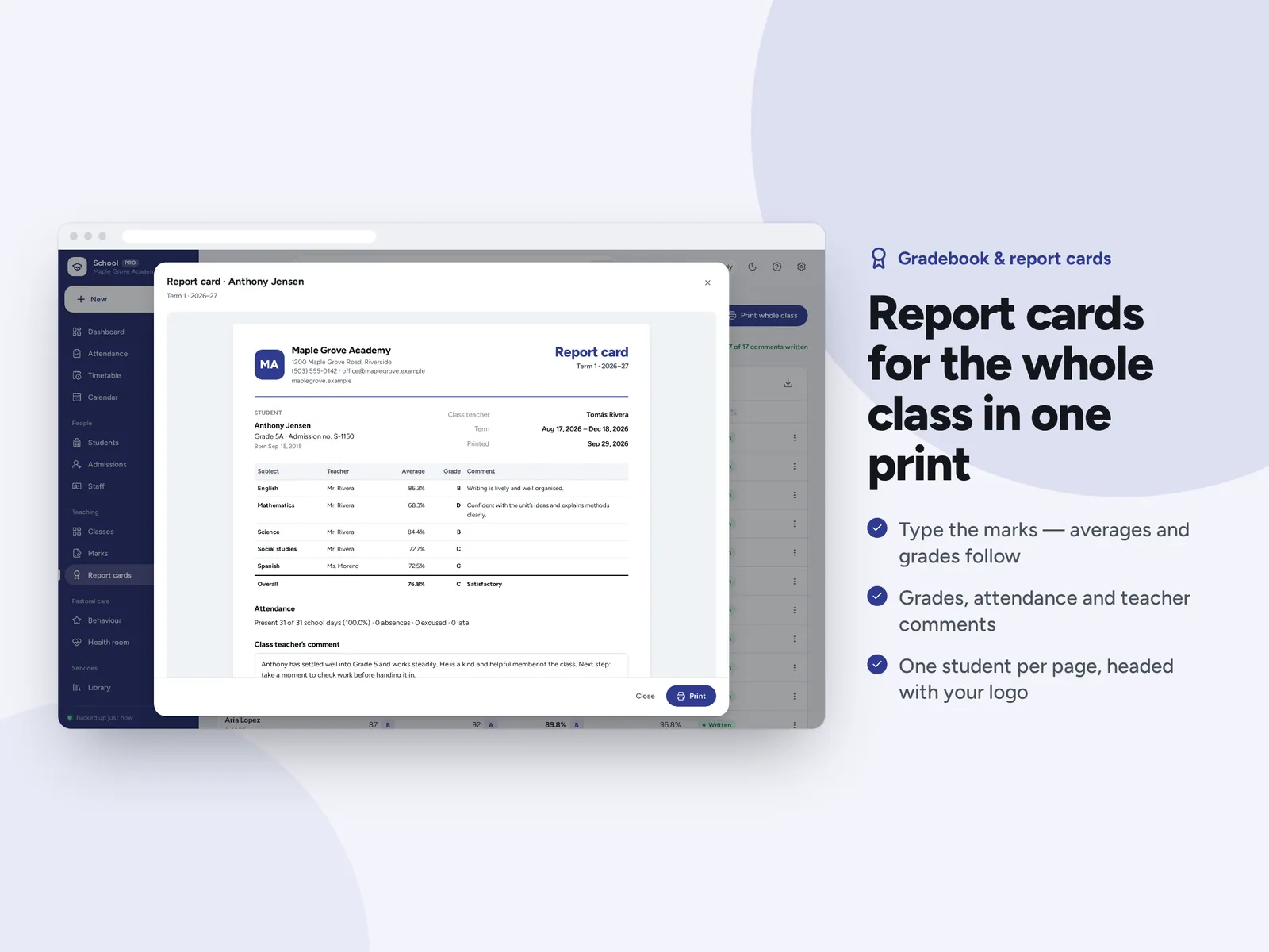 Report cards for the whole class in one print