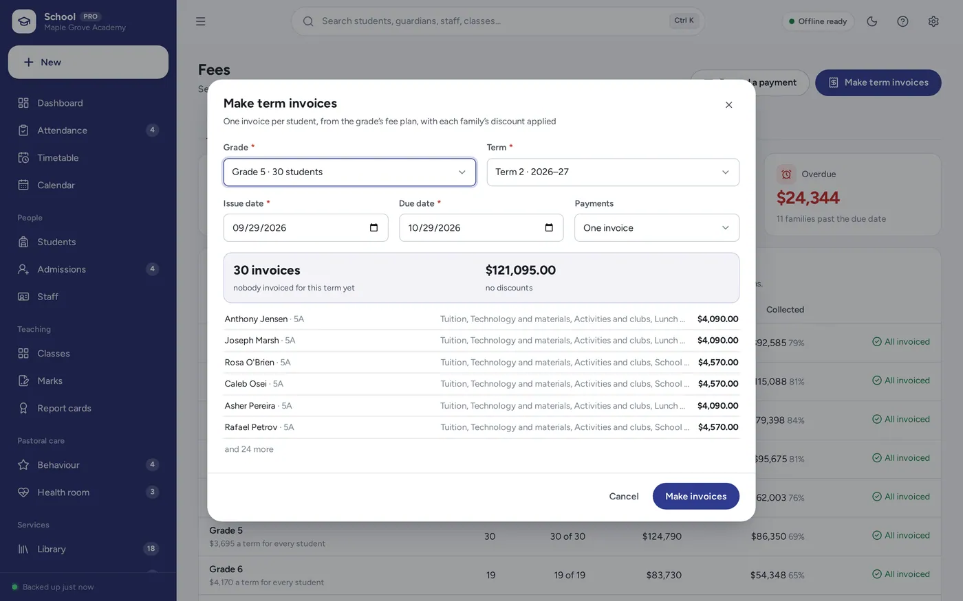 Fee tracker screen in School Management System