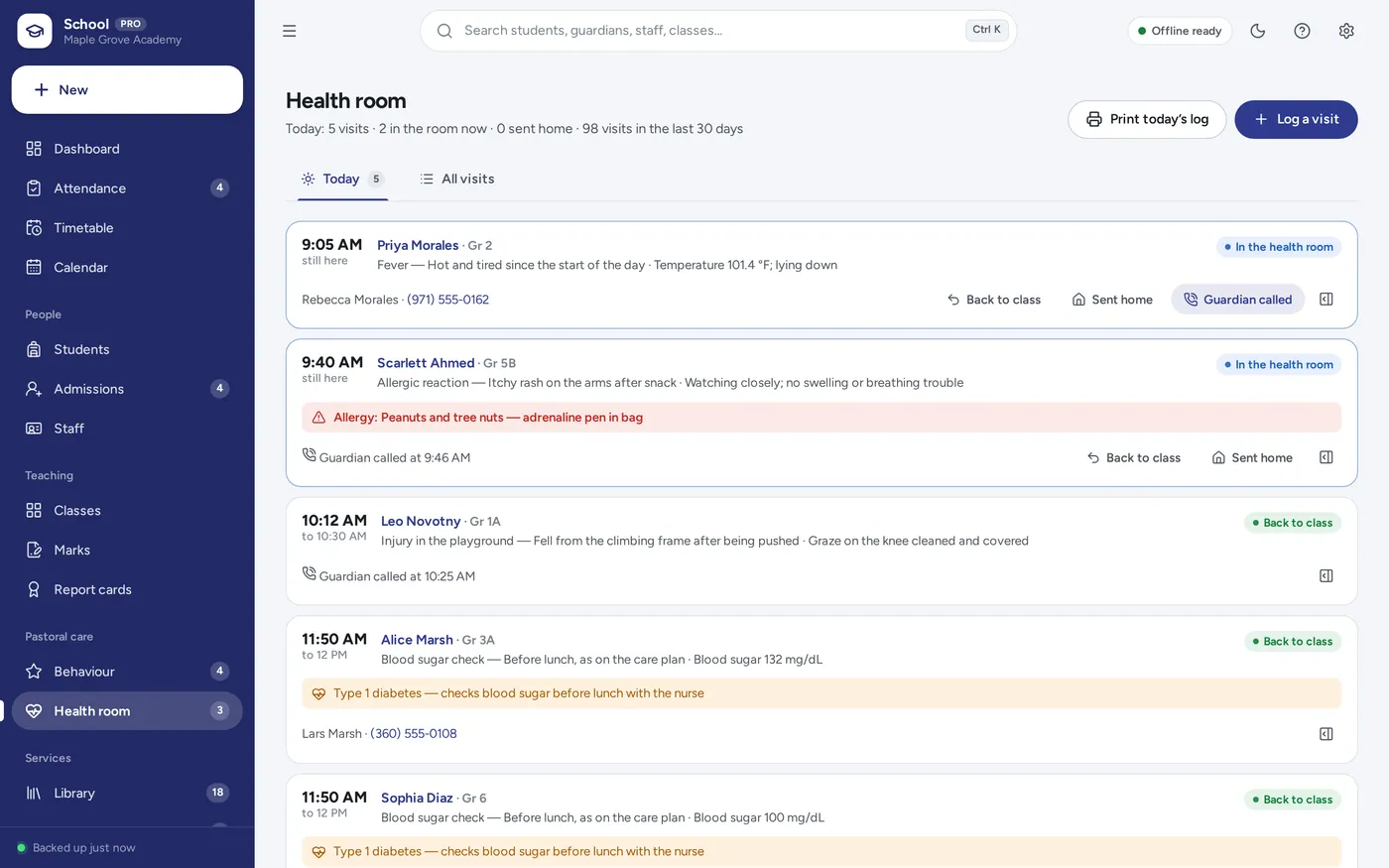 Health room & pastoral care screen in School Management System