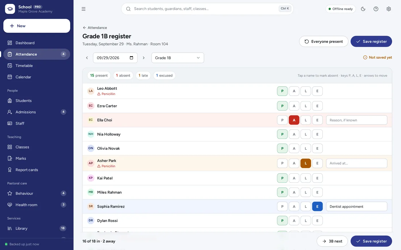 Attendance tracker screen in School Management System