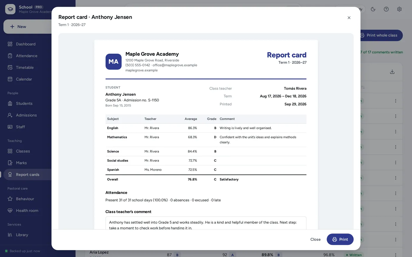 Gradebook & report cards screen in School Management System
