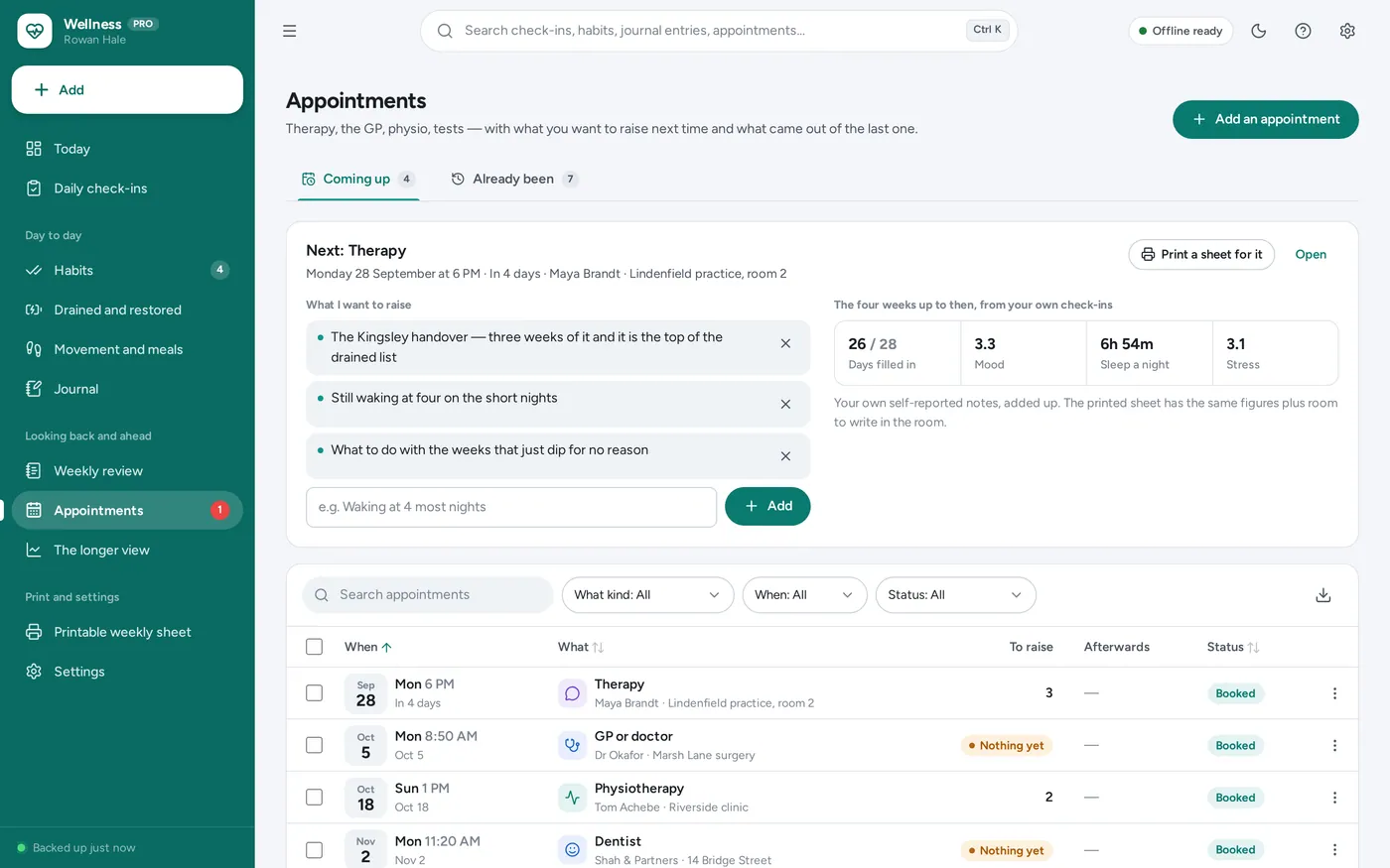 Appointments screen in Self-Care & Wellness Planner