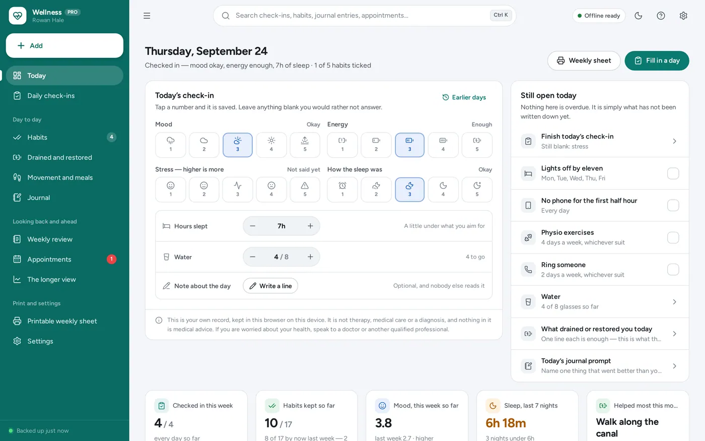 The daily check-in screen in Self-Care & Wellness Planner