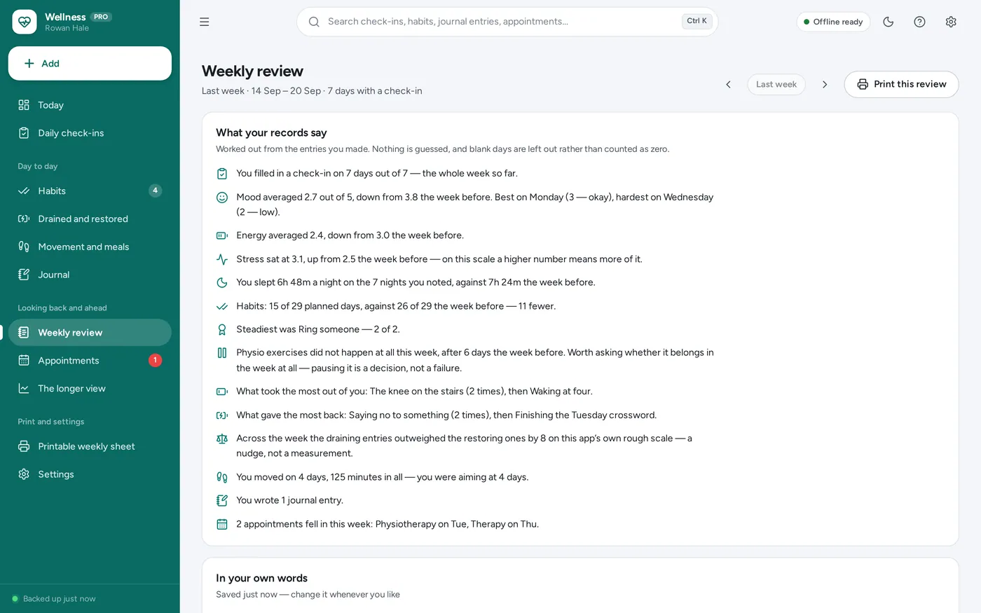 The weekly review screen in Self-Care & Wellness Planner