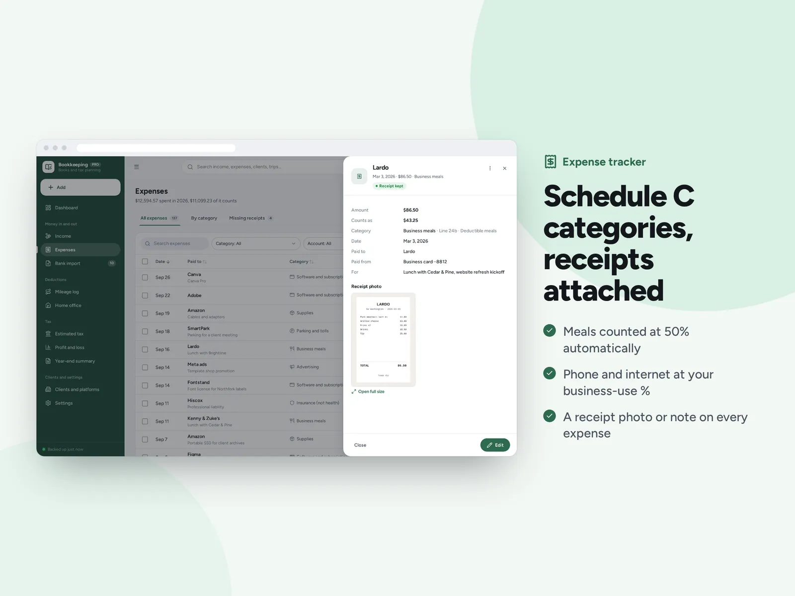 Schedule C categories, receipts attached