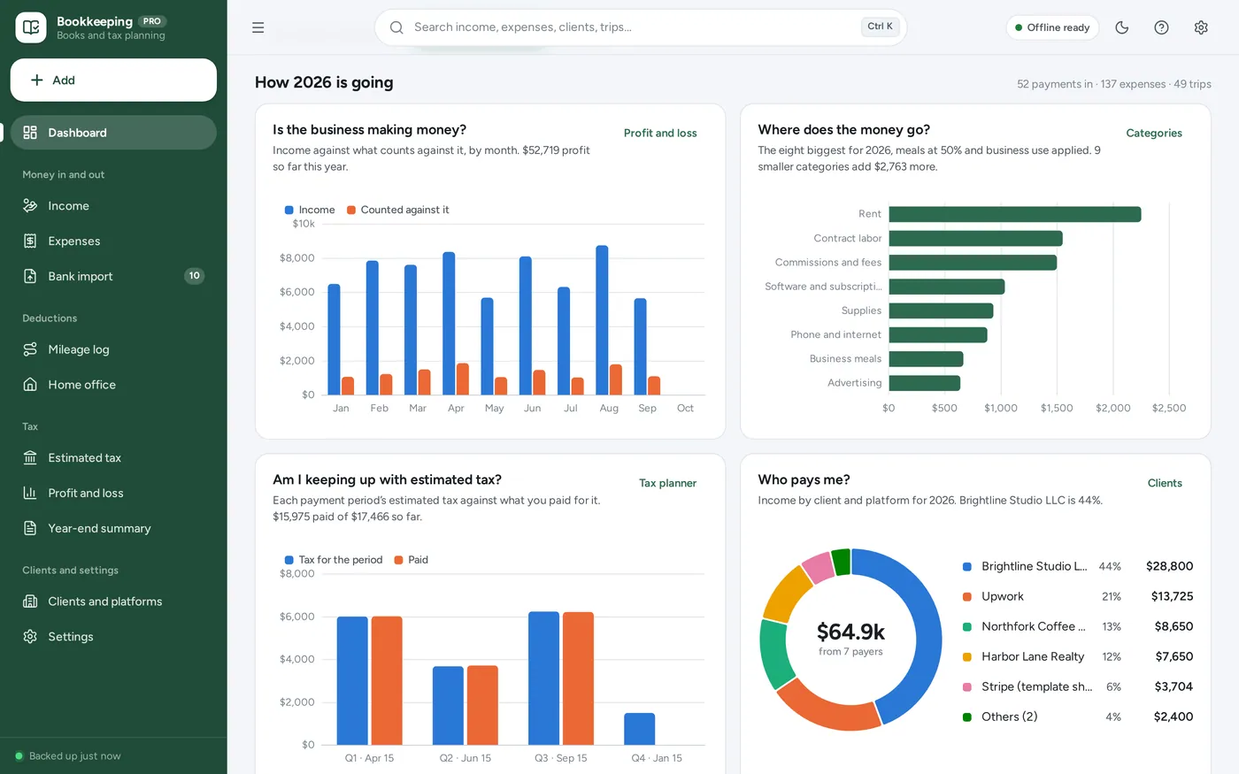 Bookkeeping dashboard screen in Self-Employed Bookkeeping