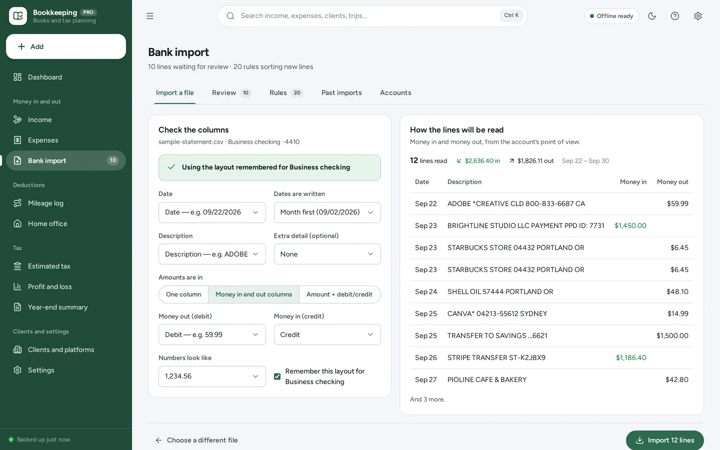 Bank statement import screen in Self-Employed Bookkeeping