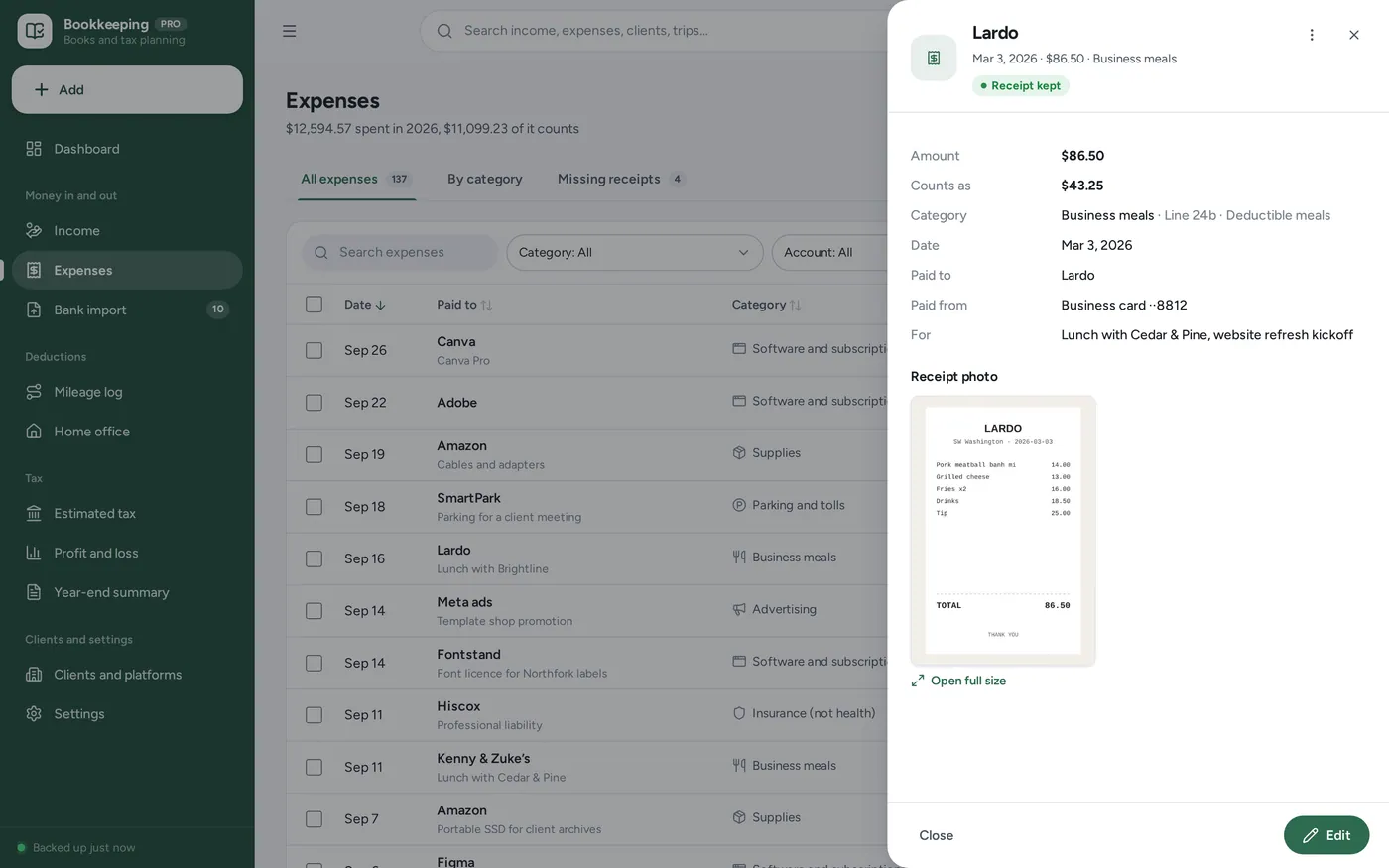 Expense tracker screen in Self-Employed Bookkeeping