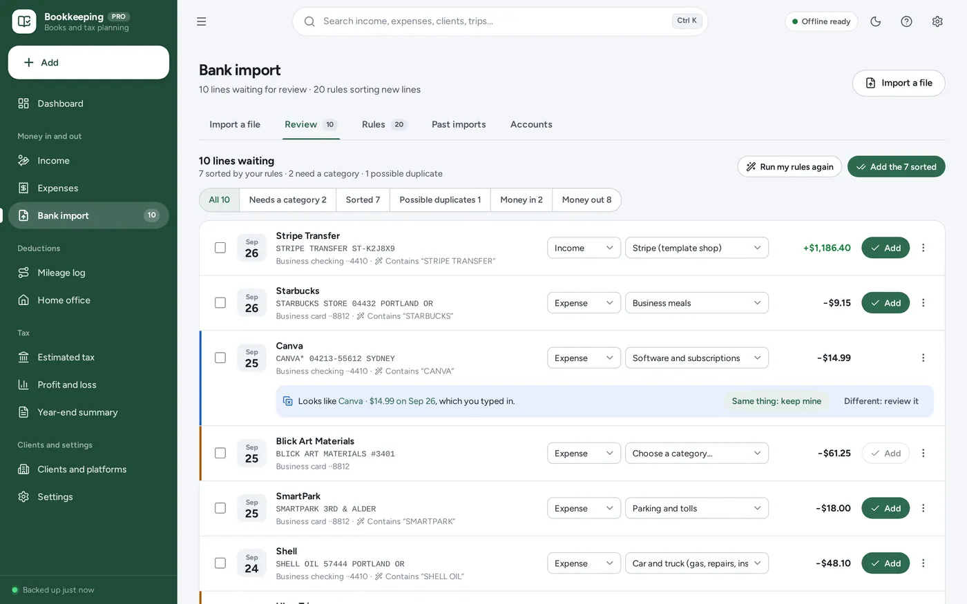 Categorisation rules screen in Self-Employed Bookkeeping
