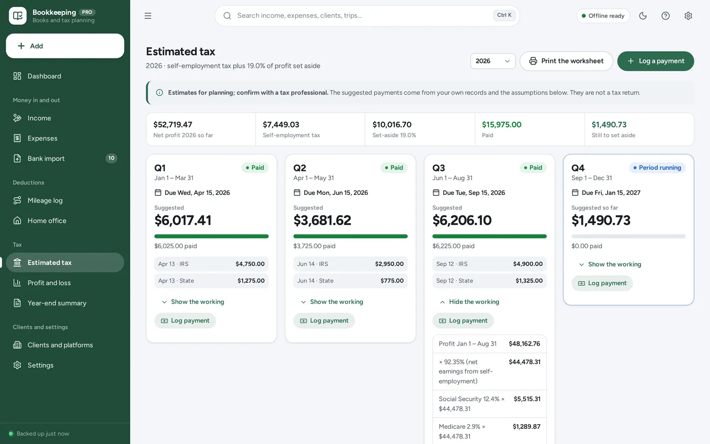 Quarterly estimated tax screen in Self-Employed Bookkeeping