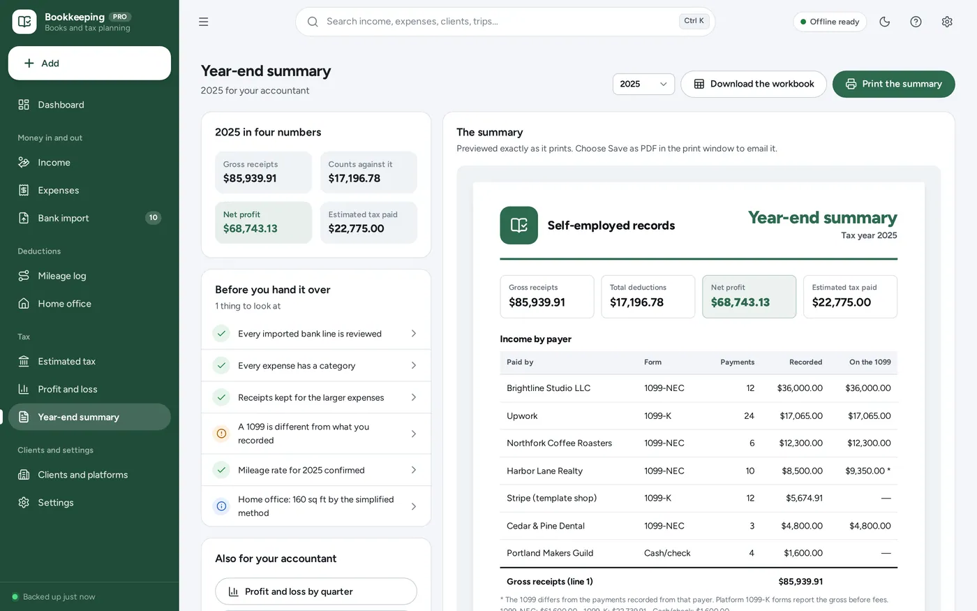 For your accountant screen in Self-Employed Bookkeeping
