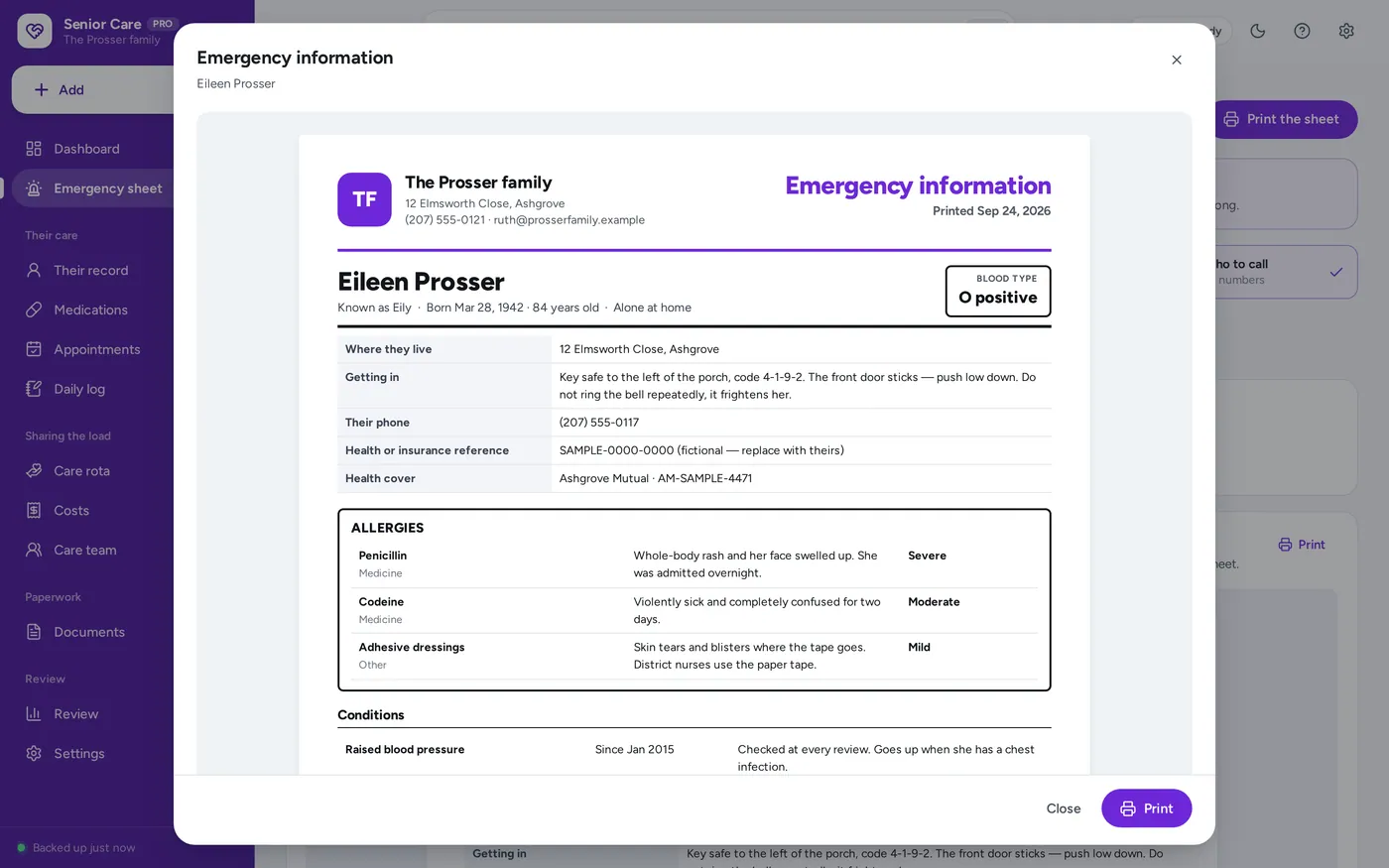 Emergency sheet screen in Senior Care Organizer