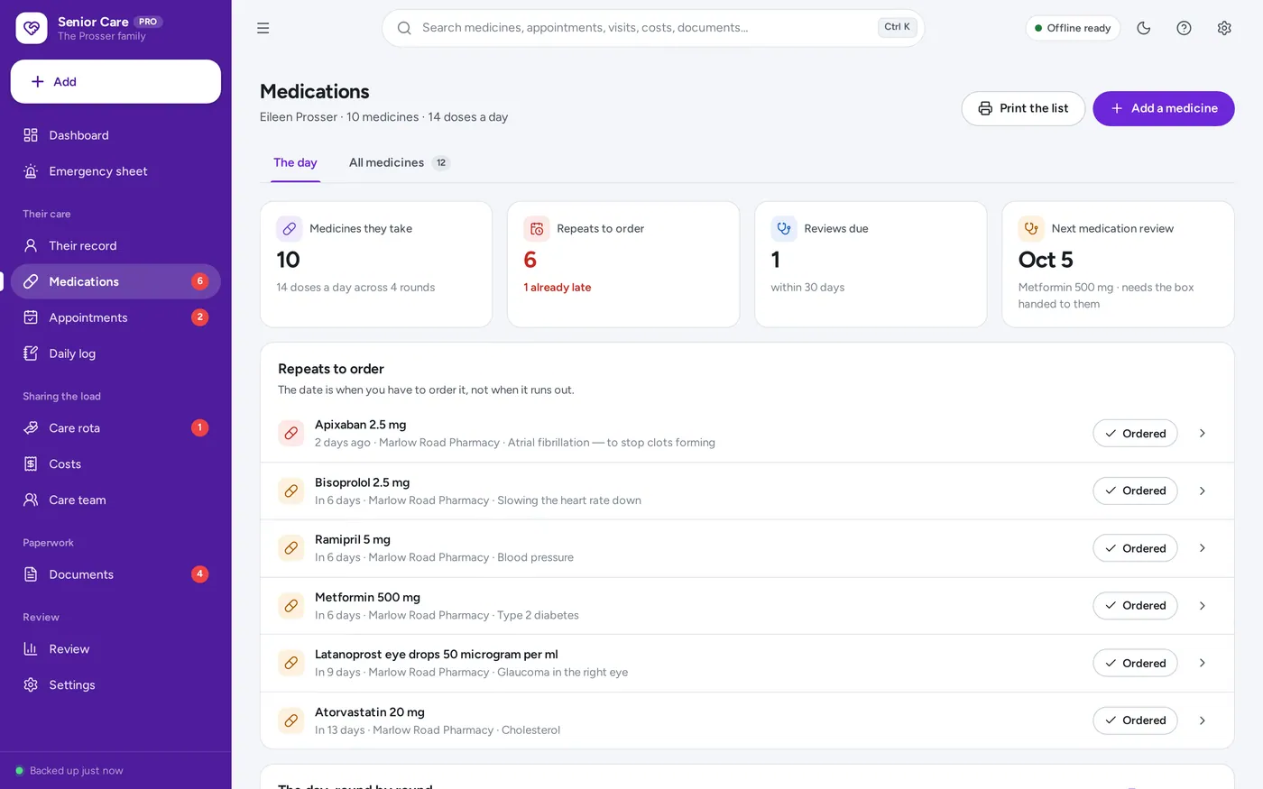Medications screen in Senior Care Organizer