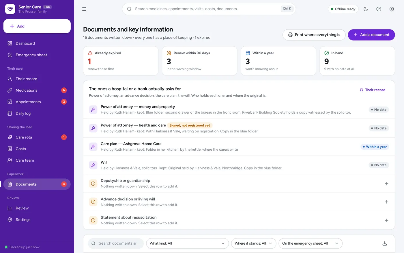 Documents and key information screen in Senior Care Organizer