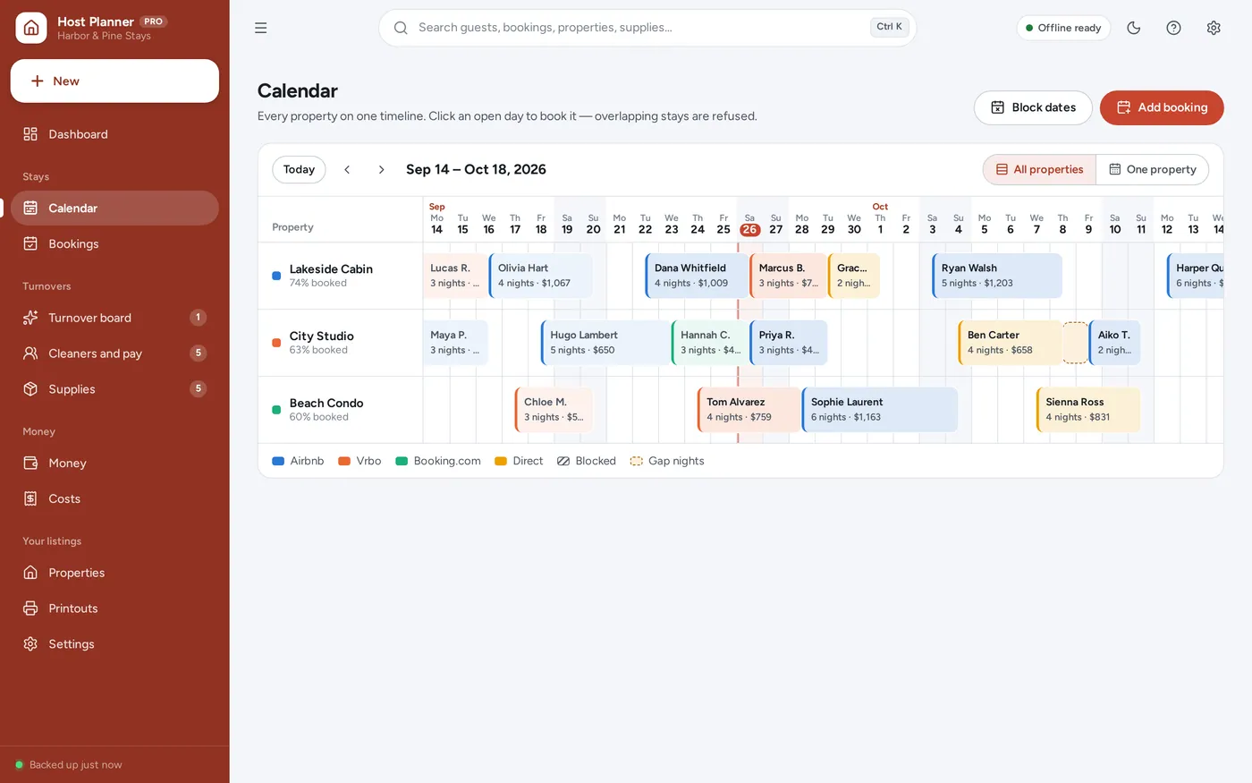 Booking calendar screen in Short-Term Rental Host Planner