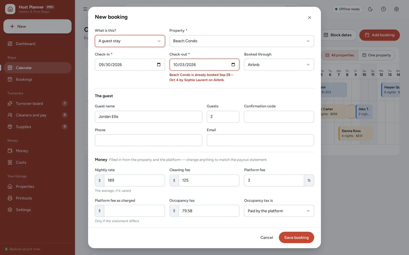 No double bookings screen in Short-Term Rental Host Planner