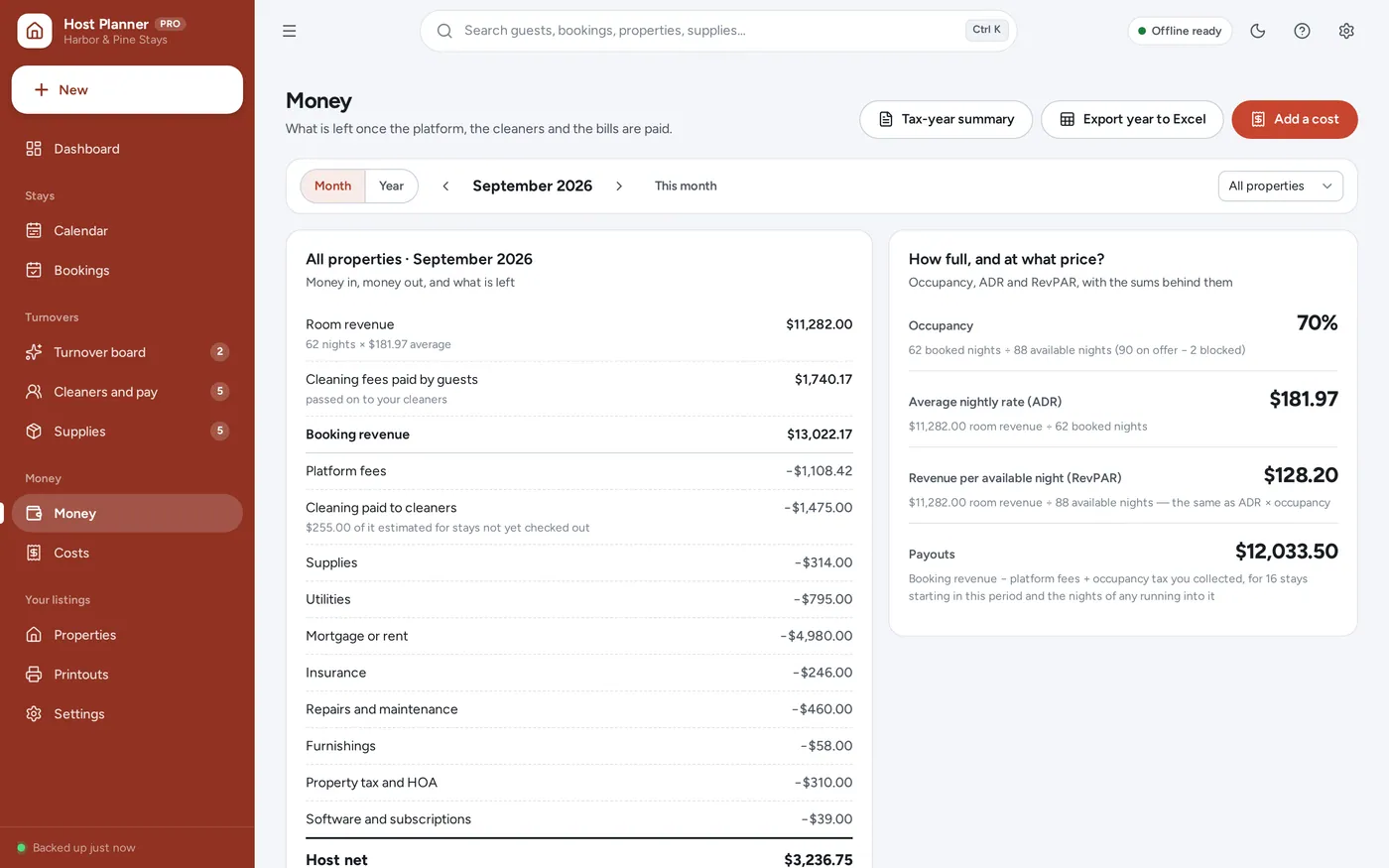 Rental income tracker screen in Short-Term Rental Host Planner