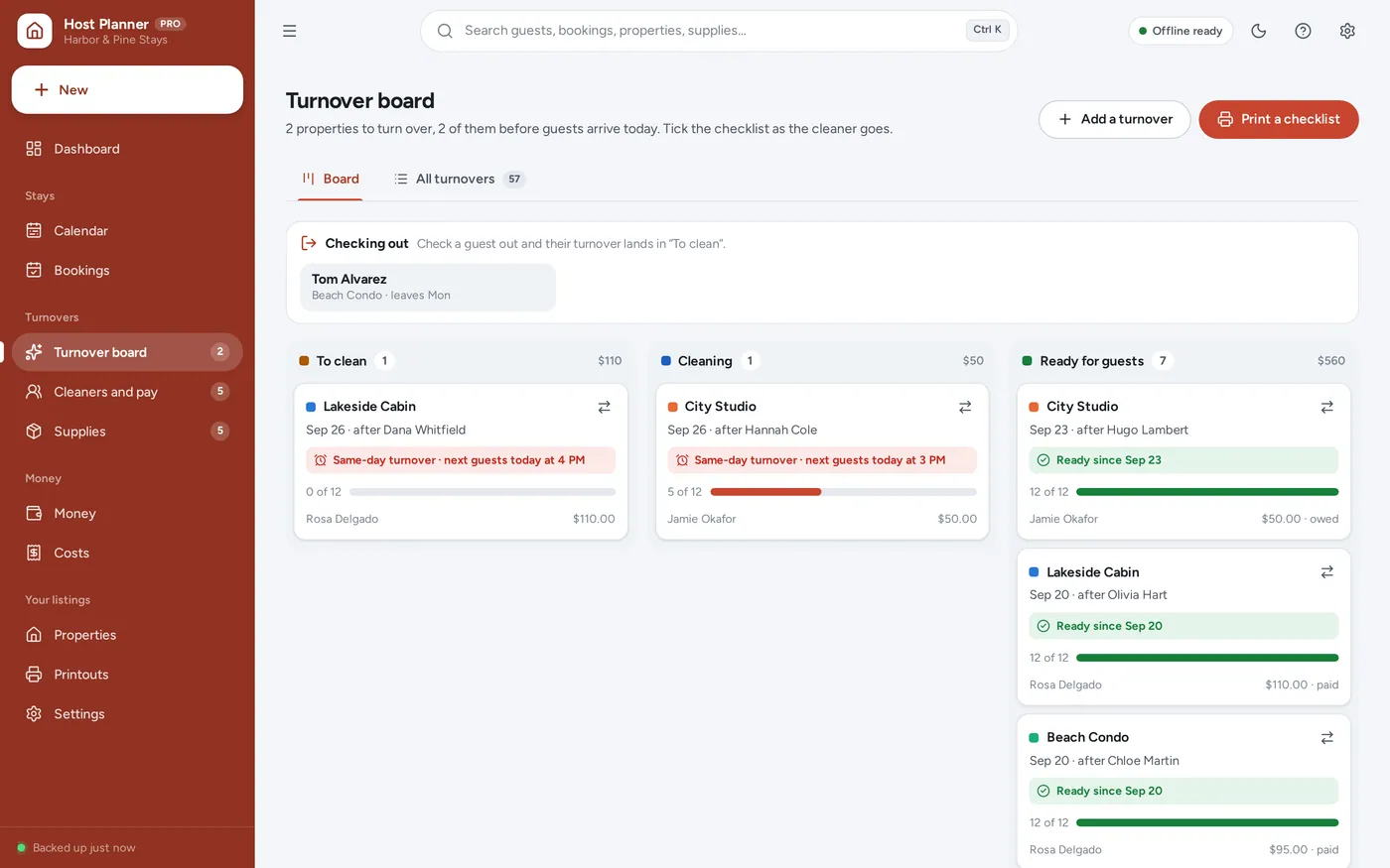 Turnover tracker screen in Short-Term Rental Host Planner