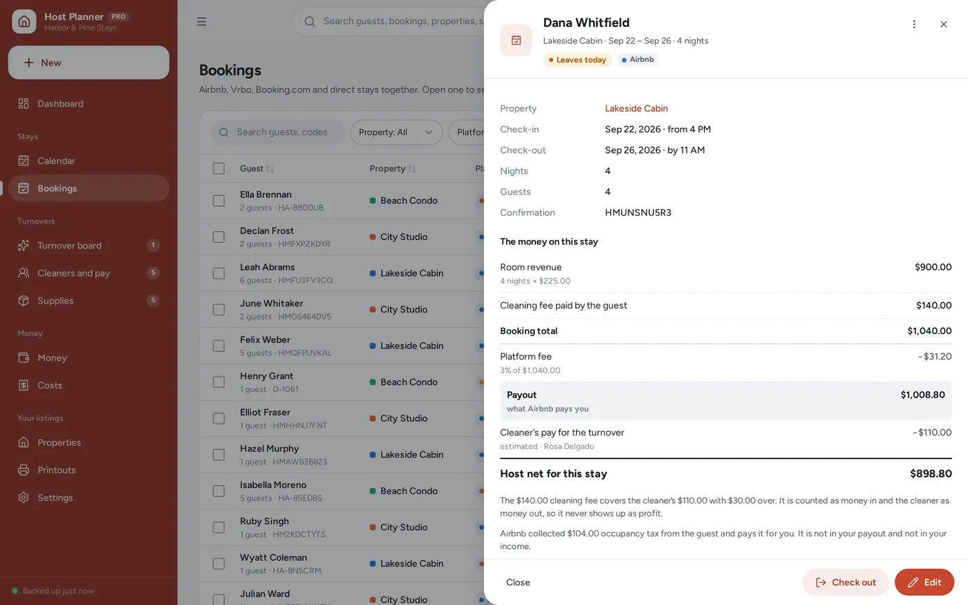 Host net per stay screen in Short-Term Rental Host Planner