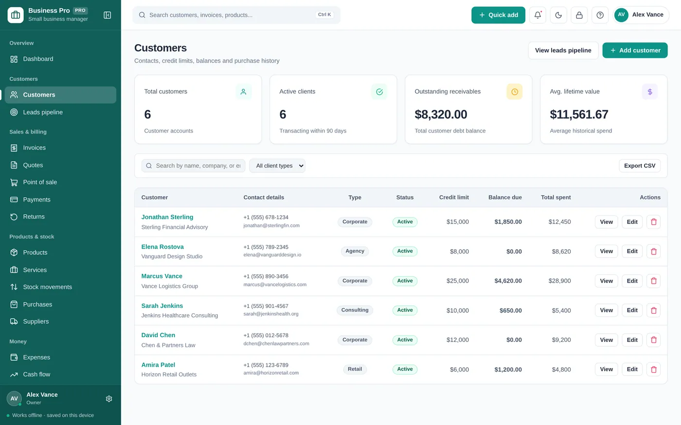 Customers screen in Small Business Manager