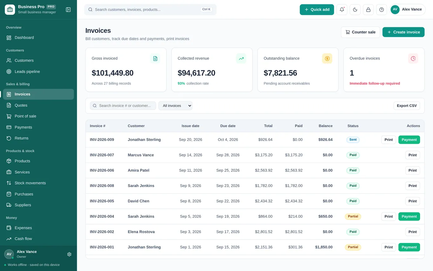 Invoices screen in Small Business Manager