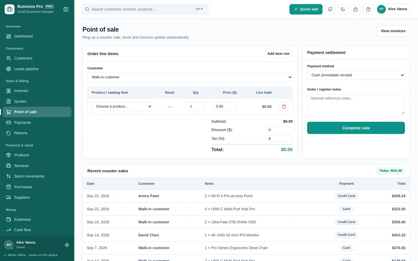 Point of sale screen in Small Business Manager
